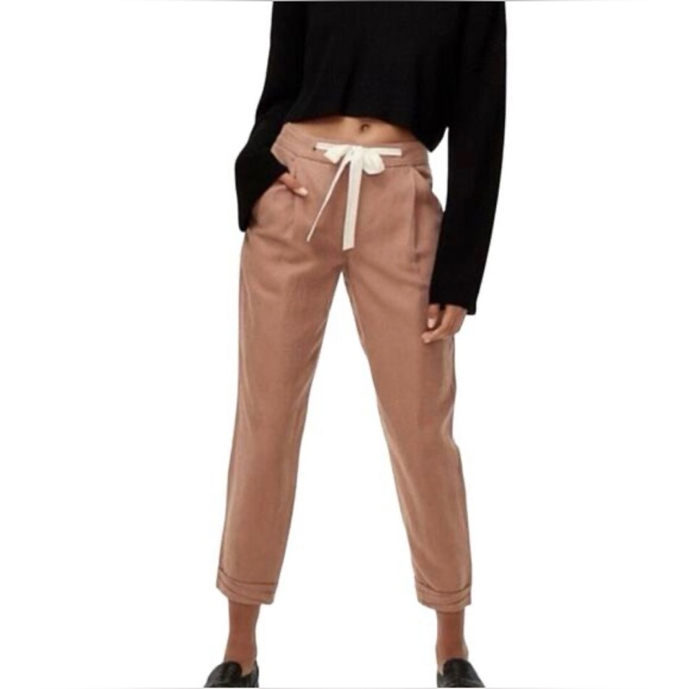 ARITZIA WILFRED 6 Earthy pink linen bland tie waist hidden buttonfly crop jogger